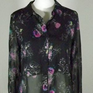 Black Floral Sheer Button Down Shirt Size S